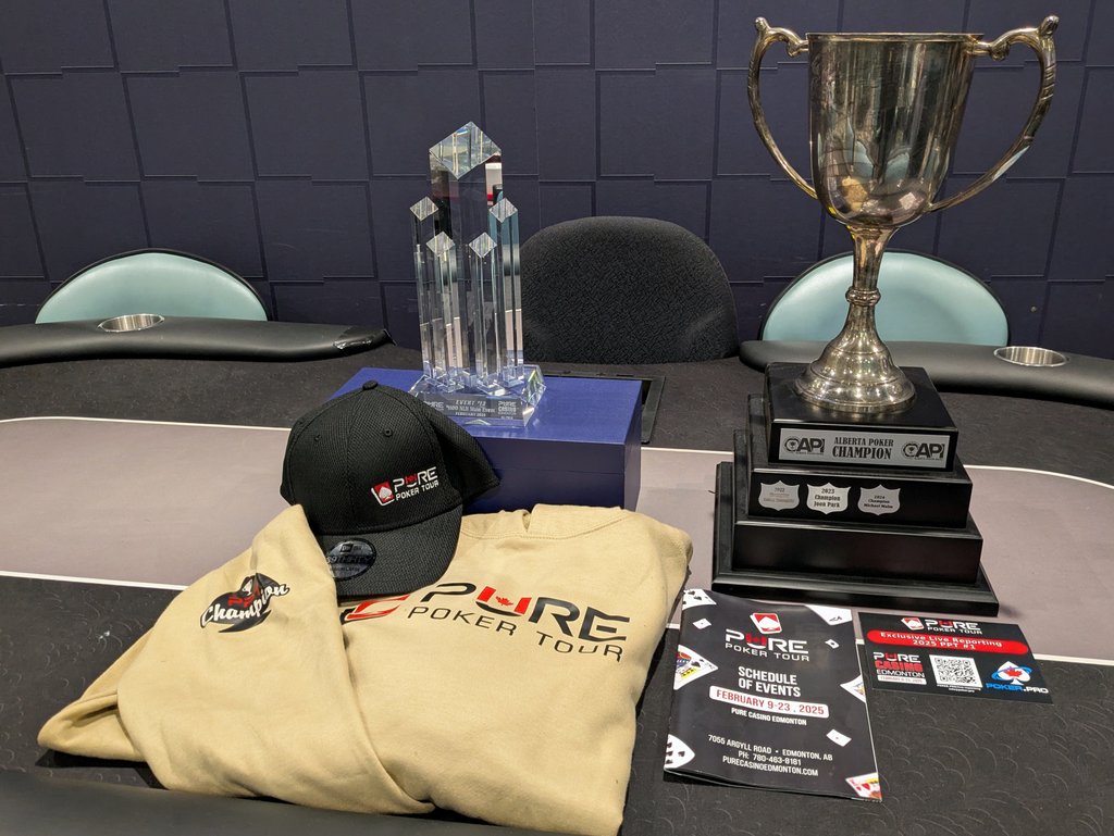 2025 Pure Poker Tour trophy, hat, and hoody with Alberta Poker Index trophy