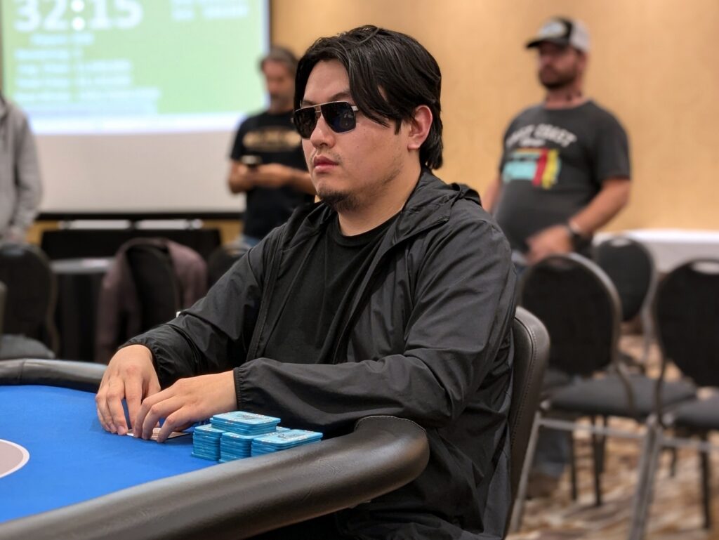 Alex Liu in crusher mode late in Main Event action. He took half the chips in play into the five-handed Day 3.