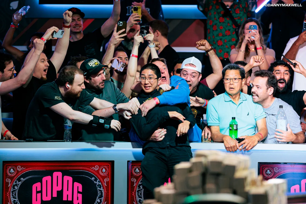 Jonathan Tomayo soaks in the feeling of being the 2024 Main Event with champion with his rail that included roommate and 2015 champ Joe McKeehan