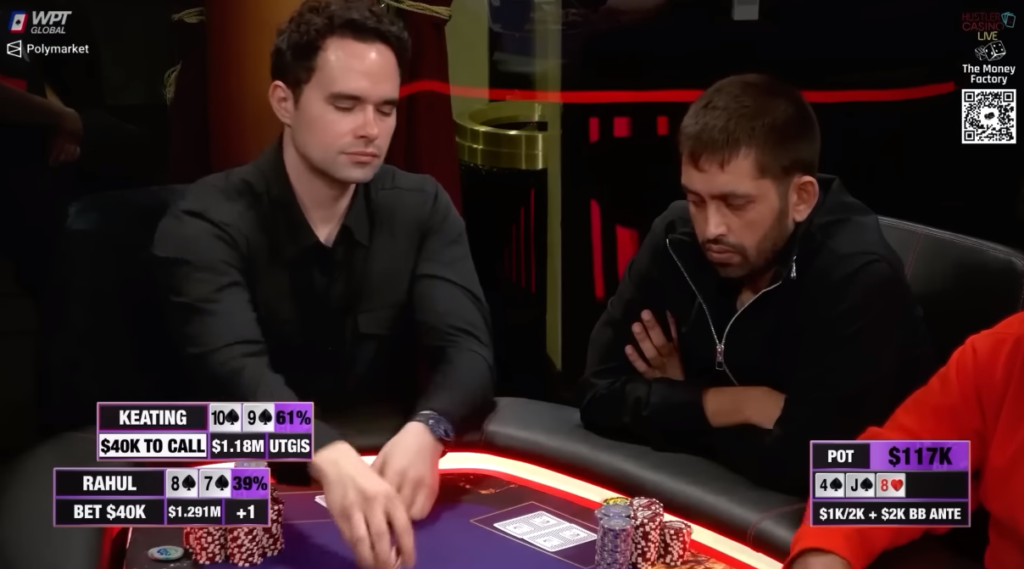 Keating making a call on the flop with combo draw