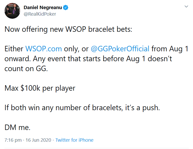 GGPoker ambassador Daniel Negreanu betting one million dollars to win WSOP bracelet