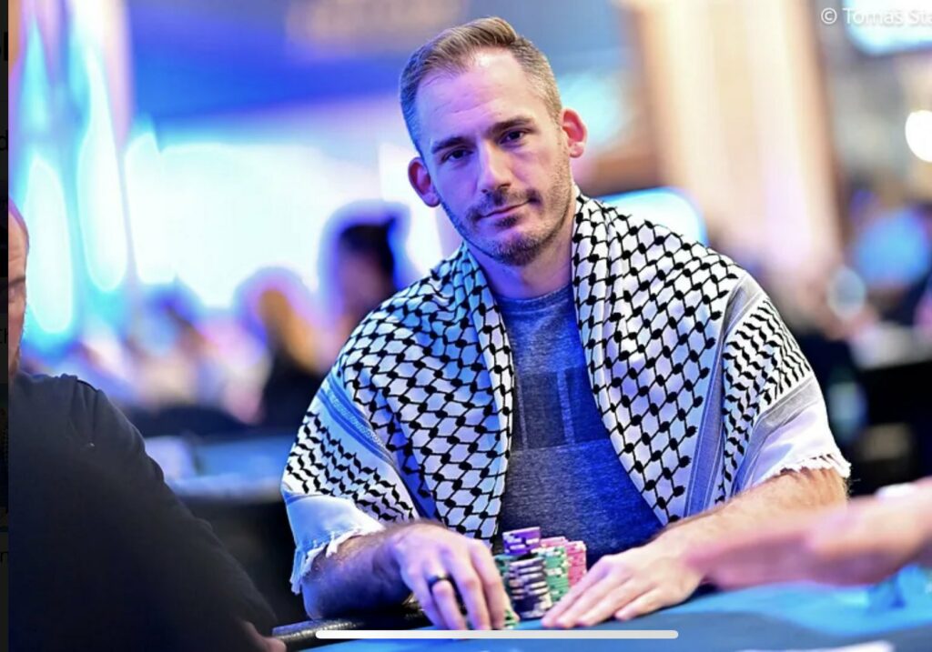 Justin Bonomo wearing controversial scarf at 2024 WSOP Paradise